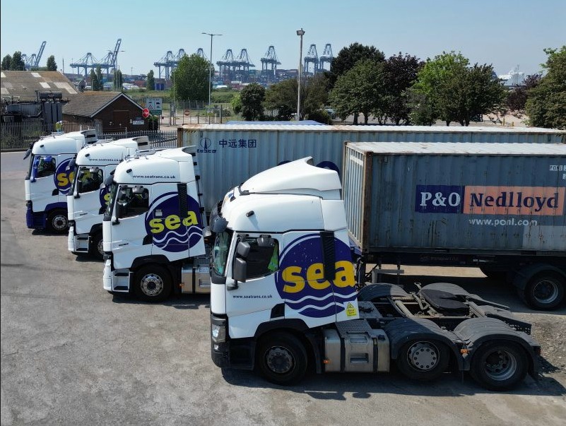 SEA Transport fleet of liveried trucks at Felixstowe